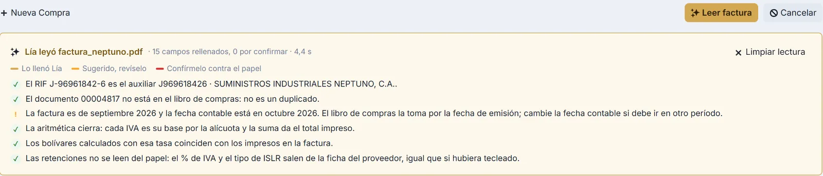 Lía después de leer una factura: 15 campos llenados, el RIF confirmado, sin duplicados y la aritmética verificada