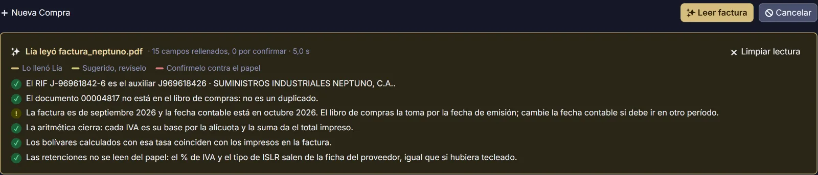 Lía después de leer una factura: 15 campos llenados, el RIF confirmado, sin duplicados y la aritmética verificada