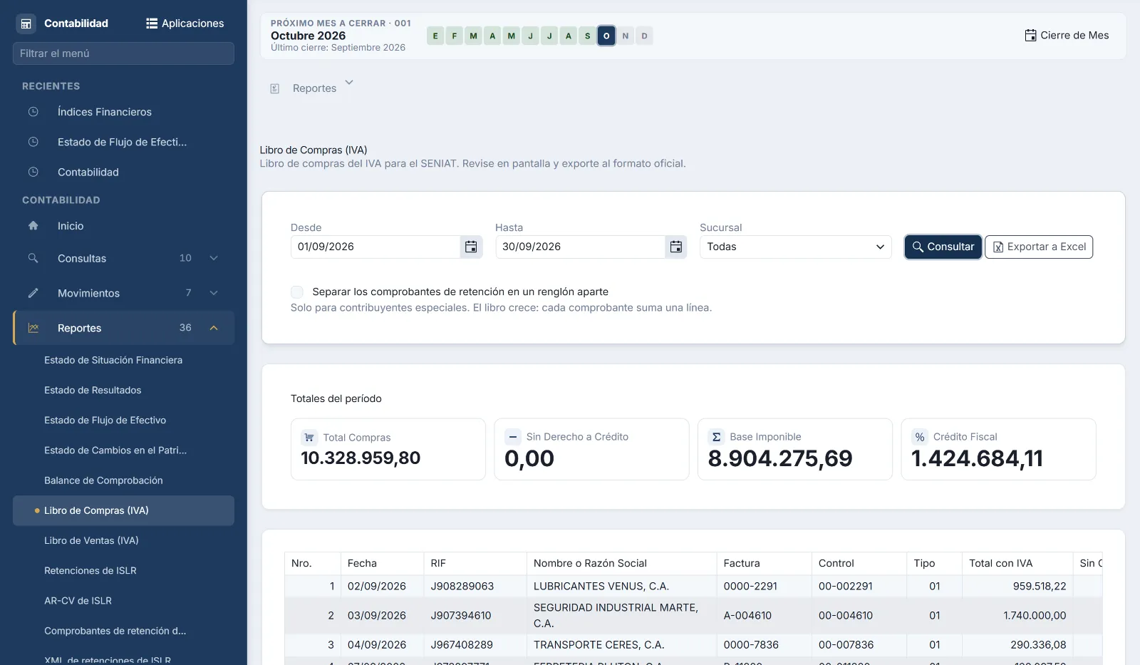Libro de compras del IVA para el SENIAT en Winledger, con los totales del período y el detalle por factura