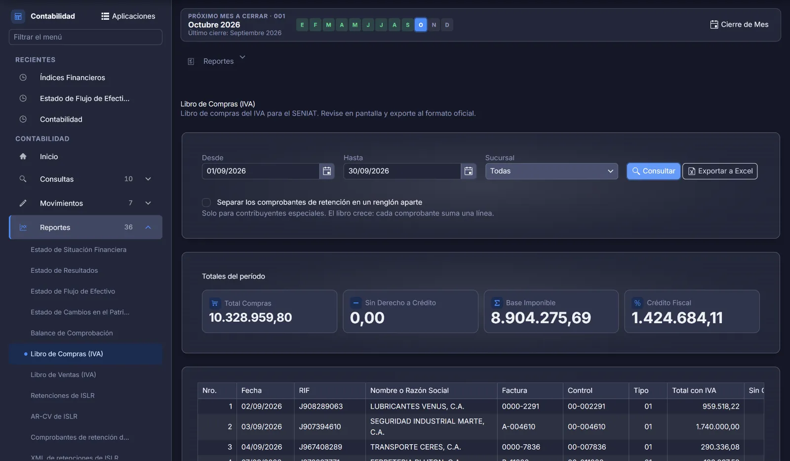 Libro de compras del IVA para el SENIAT en Winledger, con los totales del período y el detalle por factura